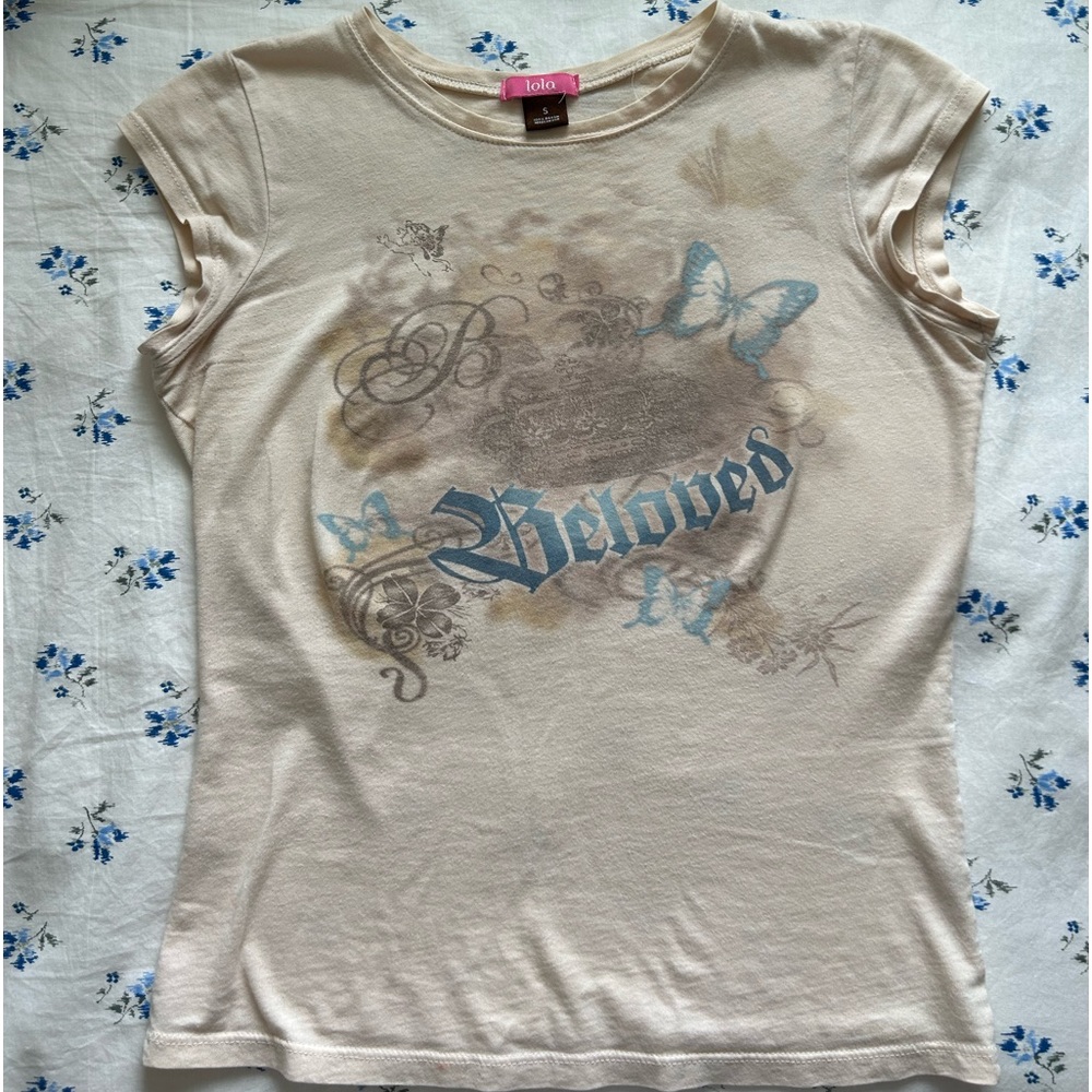 Cream “beloved” 90s style angel baby tee
